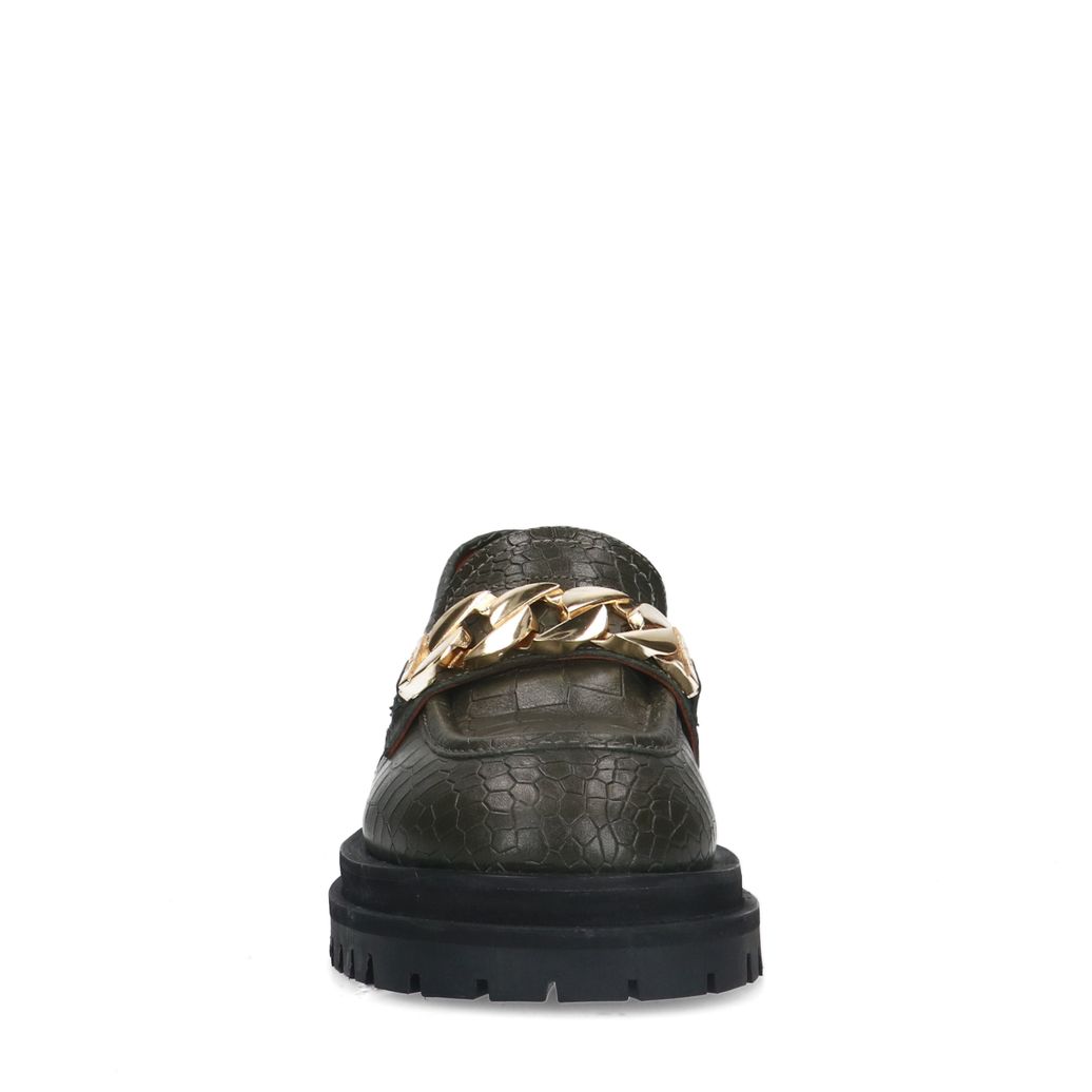 Donkergroene leren loafers met goudkleurige chain