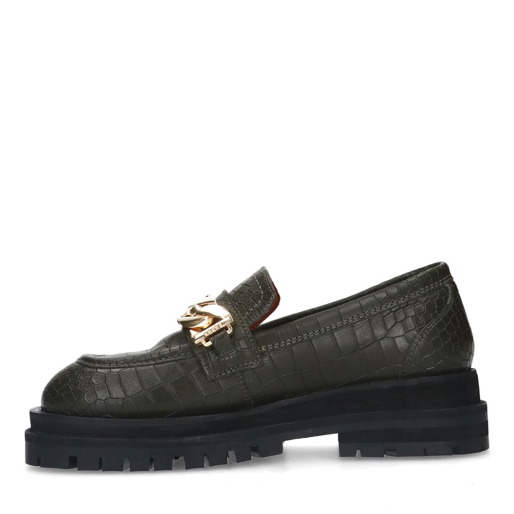 Donkergroene leren loafers met goudkleurige chain