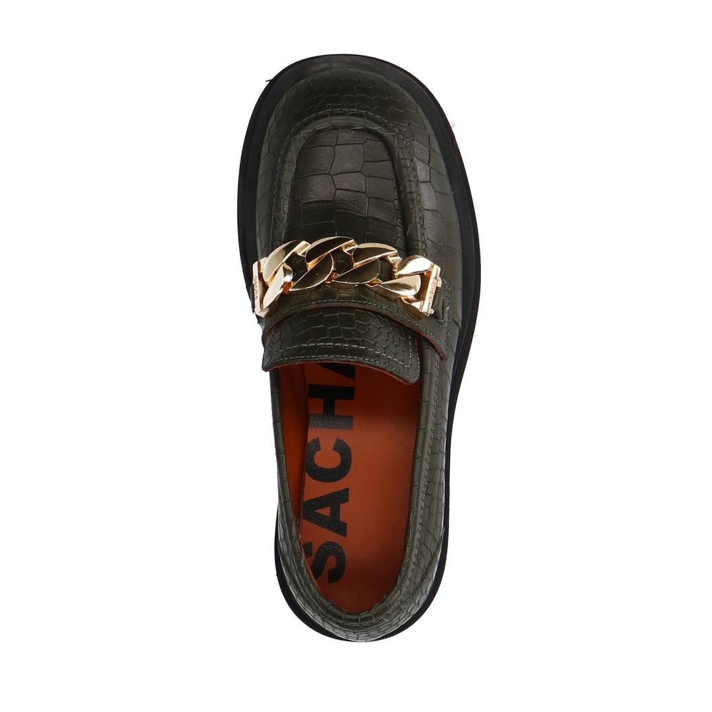 Donkergroene leren loafers met goudkleurige chain