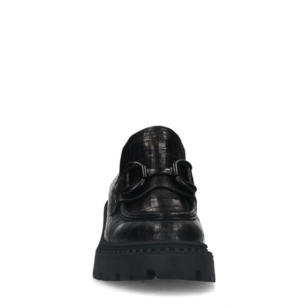 Schwarze Leder-Loafer mit Krokomuster und Plateauabsatz