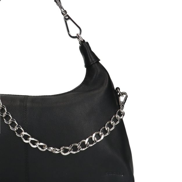 Zwarte leren handtas met zilverkleurige chain