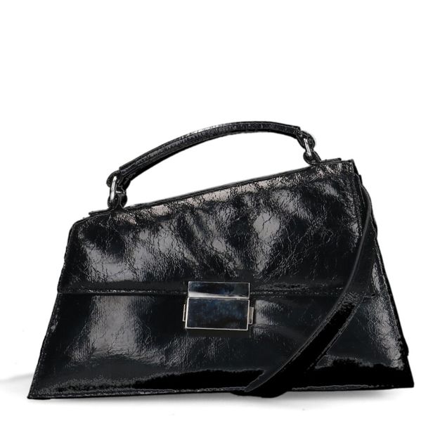Schwarze Lack-Handtasche mit silberfarbenen Details