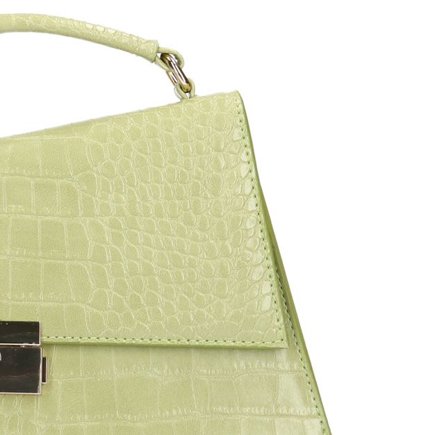 Grüne Handtasche mit Krokomuster und goldfarbenen Details