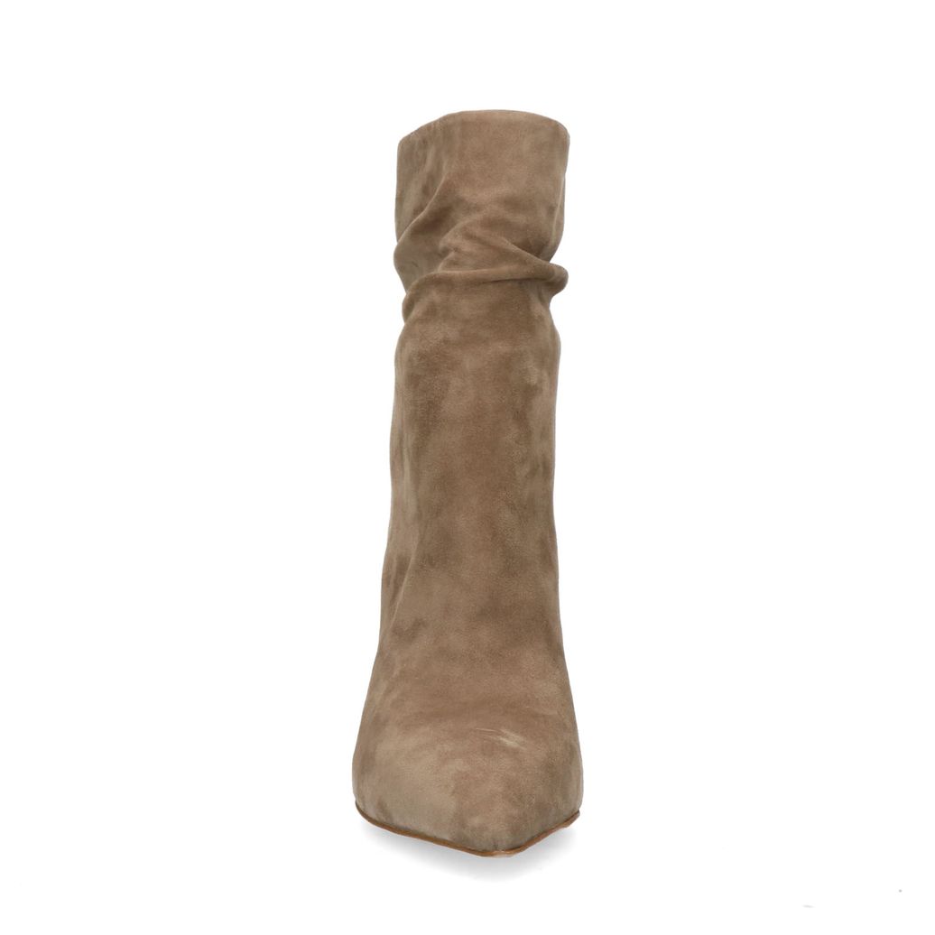 Taupe suéde enkellaarsjes met naaldhak