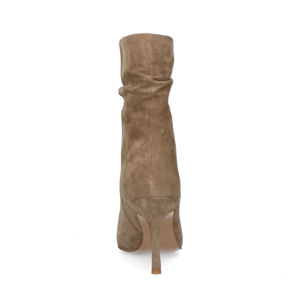 Taupe suéde enkellaarsjes met naaldhak