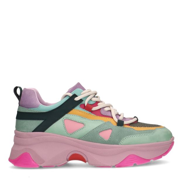 Multicolor leren platform sneakers met roze zool
