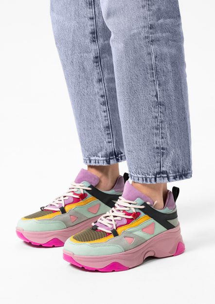 Multicolor leren platform sneakers met roze zool