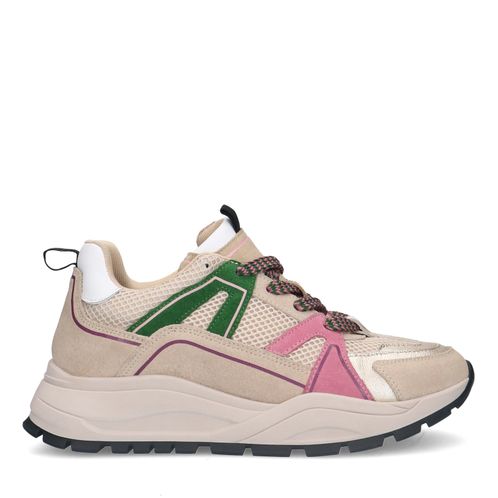 Beigefarbene Veloursleder-Sneaker mit rosa Details