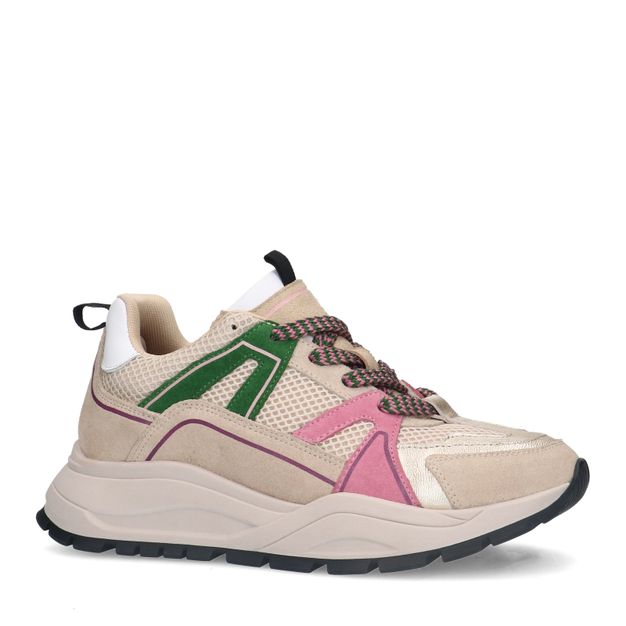 Beigefarbene Veloursleder-Sneaker mit rosa Details