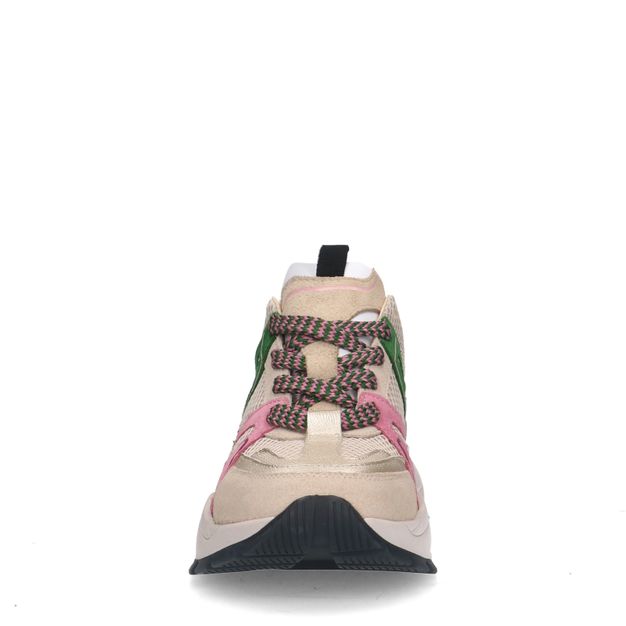 Beige suède sneakers met roze details