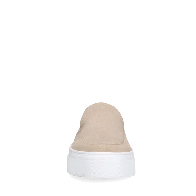 Beigefarbene Veloursleder-Loafer mit weißer Sohle