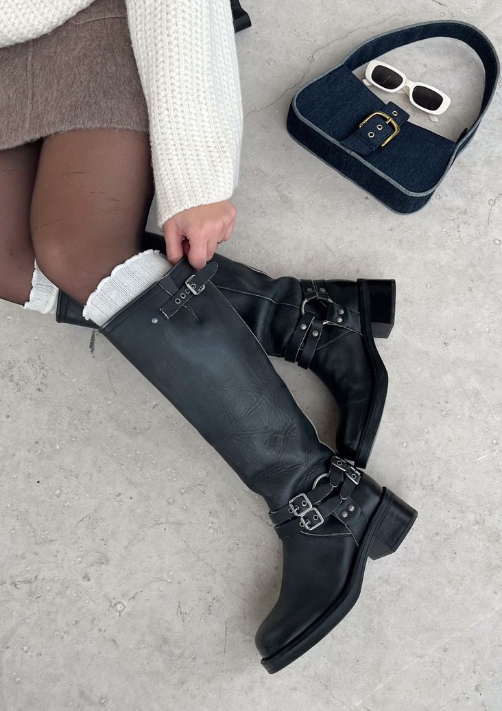 Zwarte wide fit buckle biker boots
