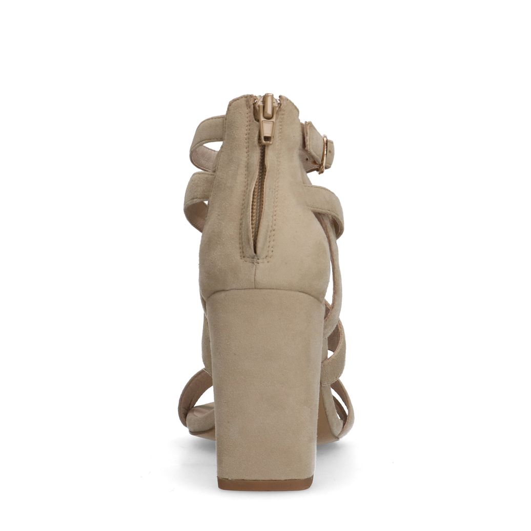 Beige suède opengewerkte sandalen met hak