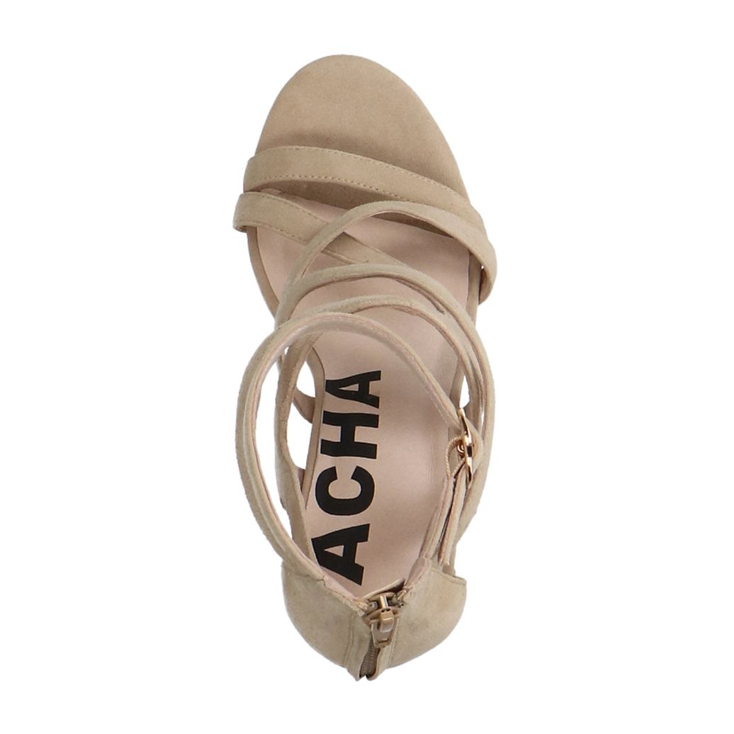 Beige suède opengewerkte sandalen met hak