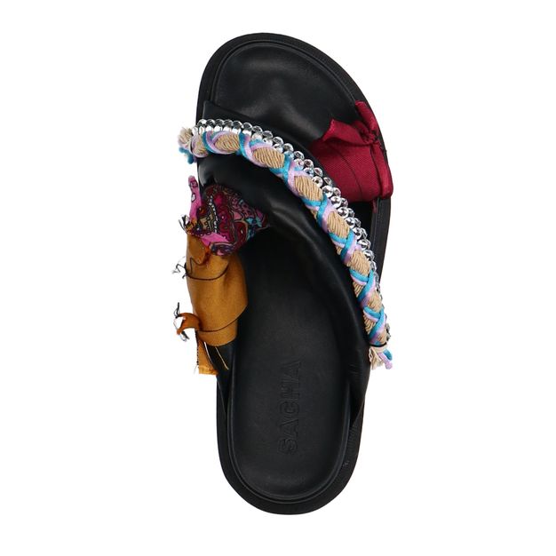Zwarte leren slippers met multicolor details