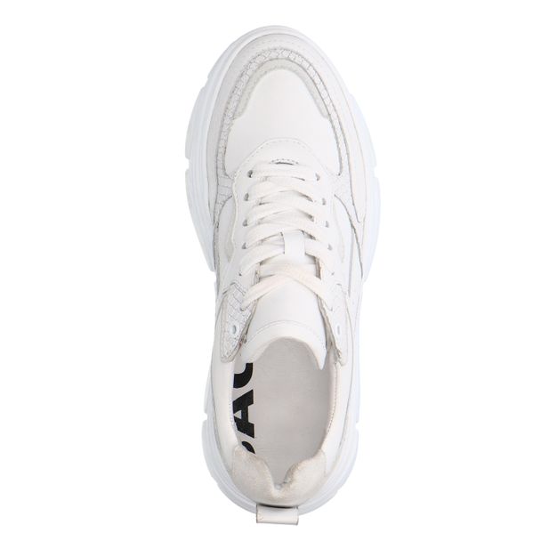 Weiße Ledersneaker mit Kroko-Details und chunky Sohle