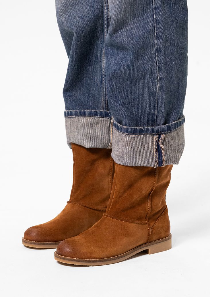 Cognac suède enkelboots met imitatiebont