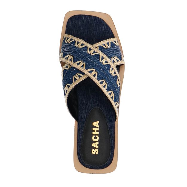 Denim-Sandalen mit beigefarbenen Details