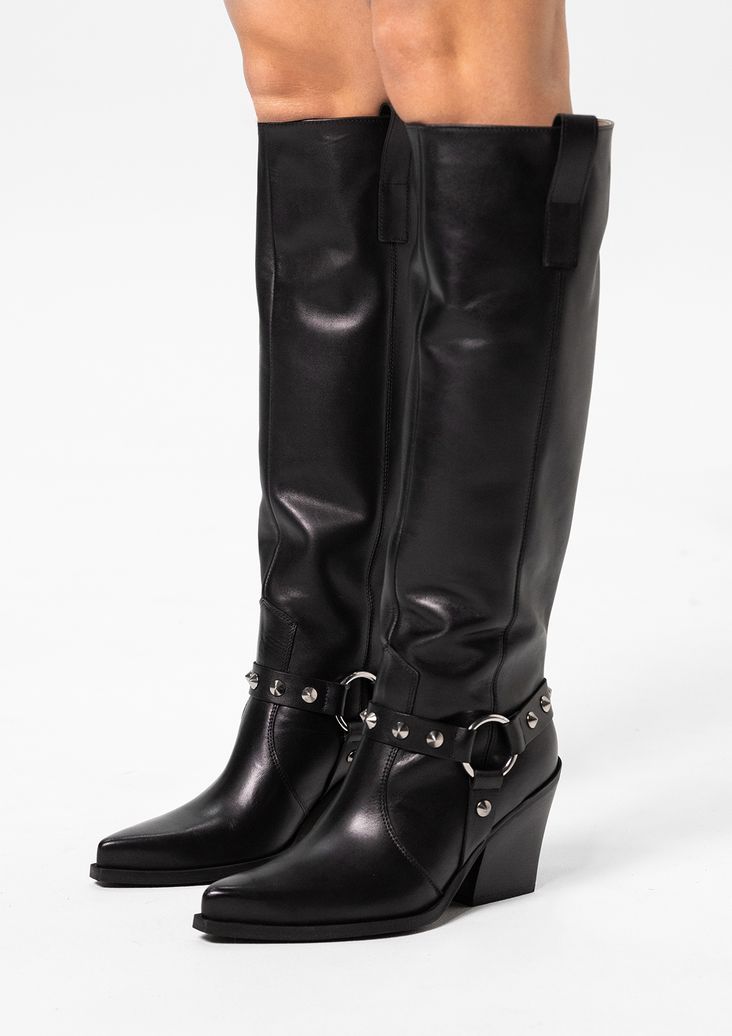 Zwarte leren cowboylaarzen met zilverkleurige studs
