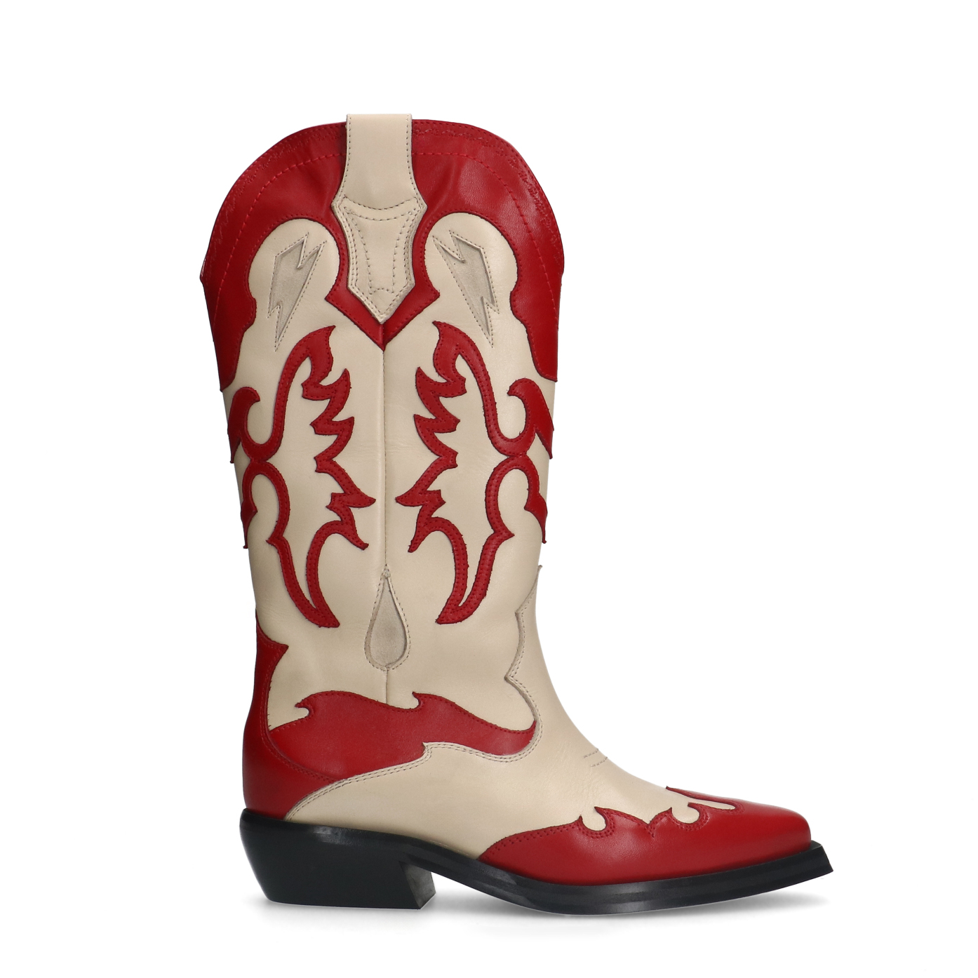 Rote Leder-Cowboystiefel mit offwhite Details Bold red