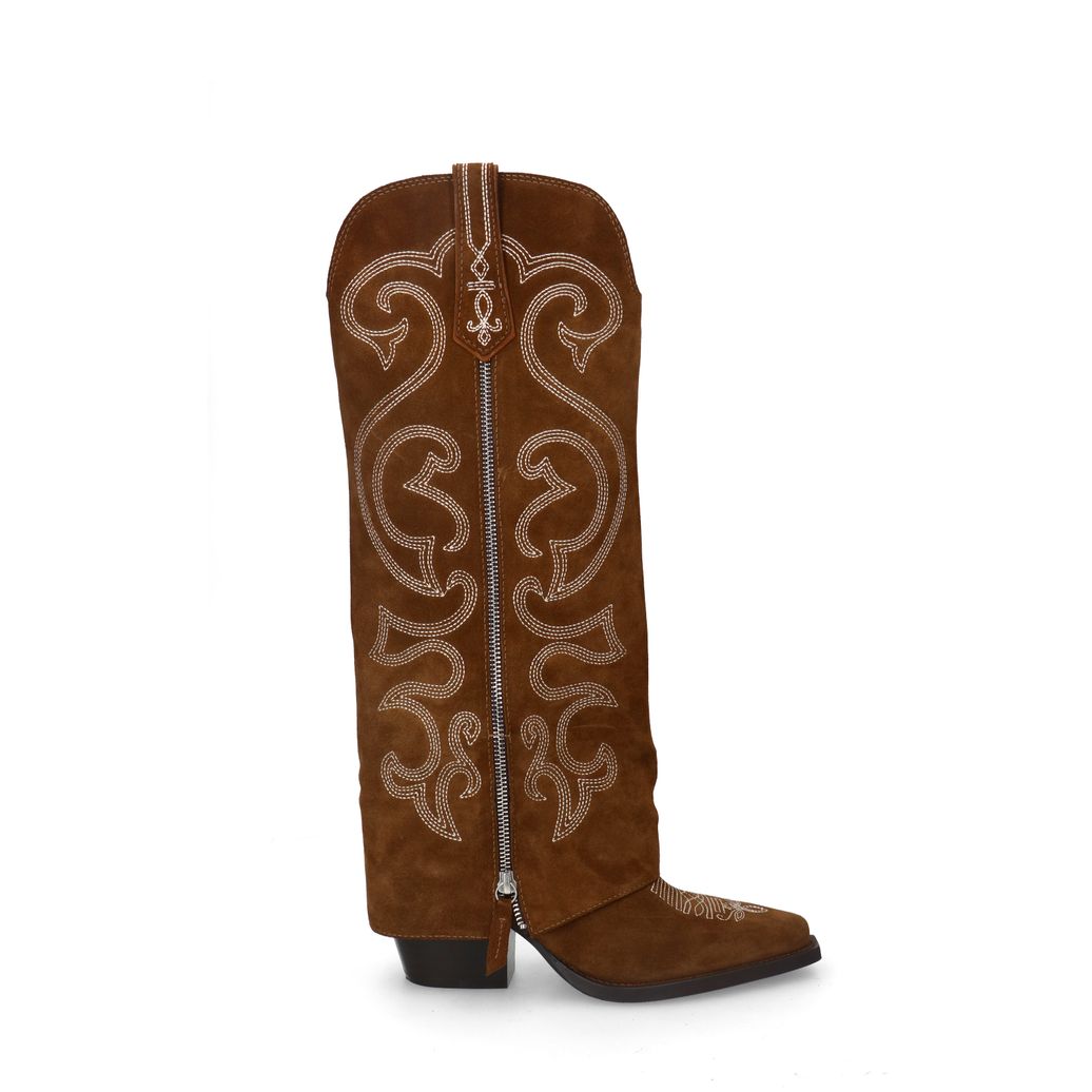 Taupefarbene Veloursleder-Cowboystiefel mit weißer Stickerei