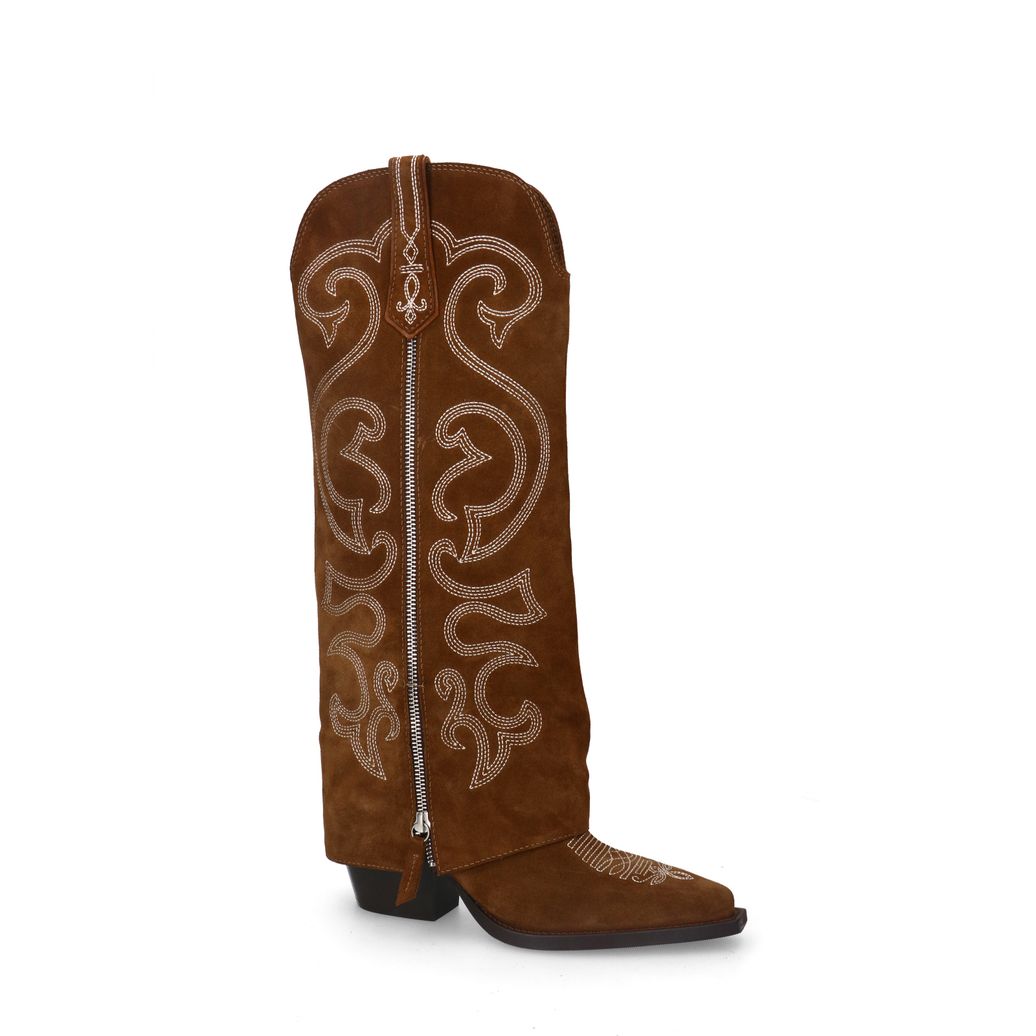 Taupefarbene Veloursleder-Cowboystiefel mit weißer Stickerei