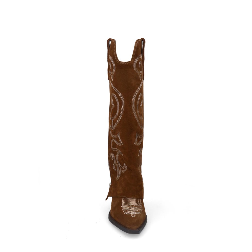 Taupefarbene Veloursleder-Cowboystiefel mit weißer Stickerei