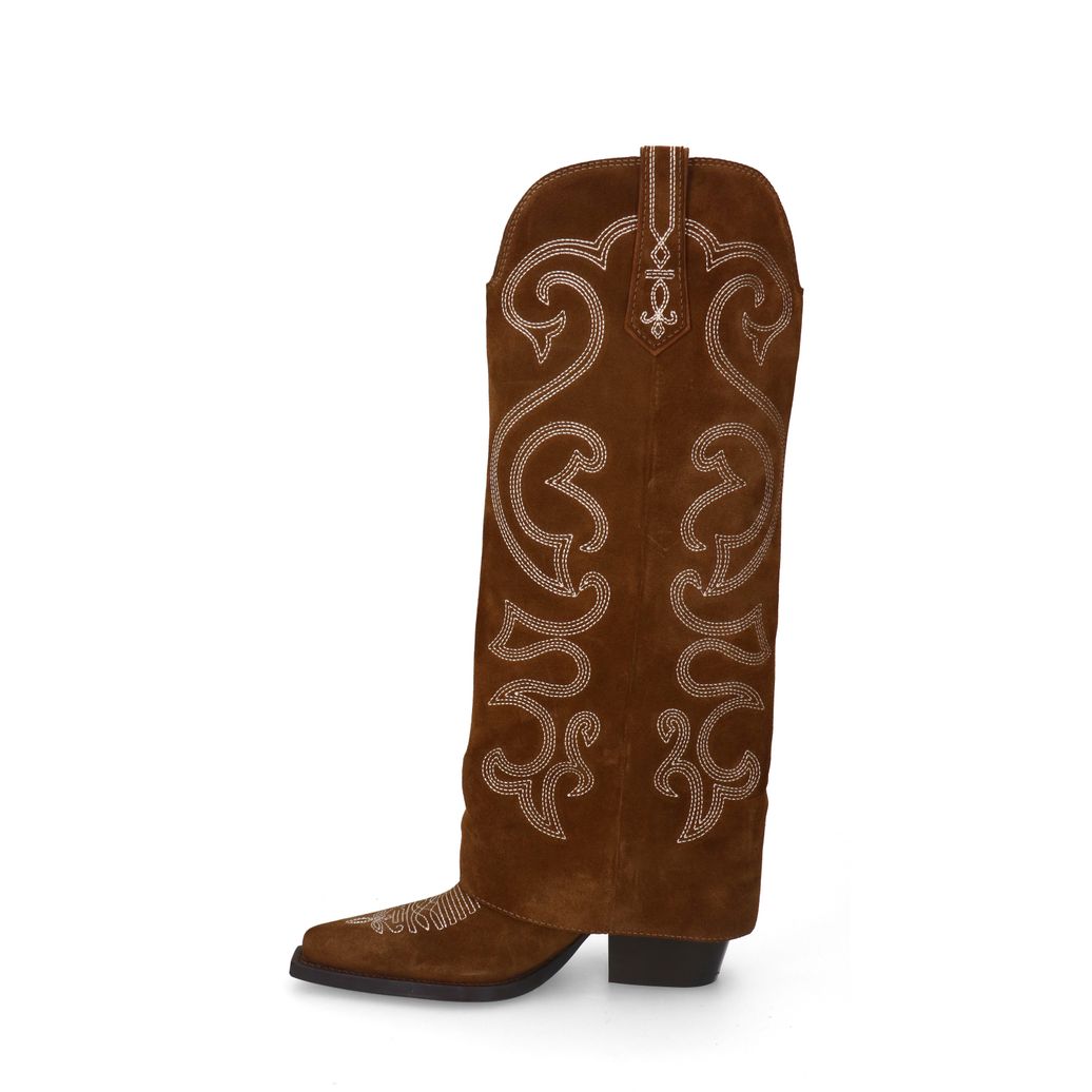 Taupe suède cowboylaarzen met witte sierstiksels