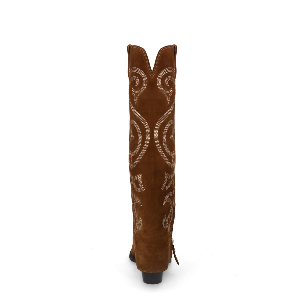 Taupe suède cowboylaarzen met witte sierstiksels