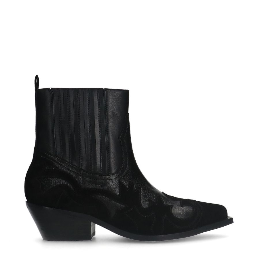 Schwarze Leder-Cowboystiefeletten mit Veloursleder-Details