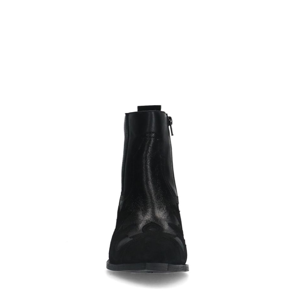 Schwarze Leder-Cowboystiefeletten mit Veloursleder-Details