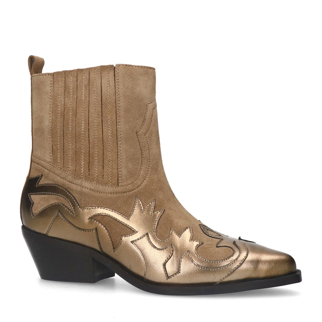 Beigefarbene Veloursleder-Cowboystiefeletten mit bronzefarbenen Details
