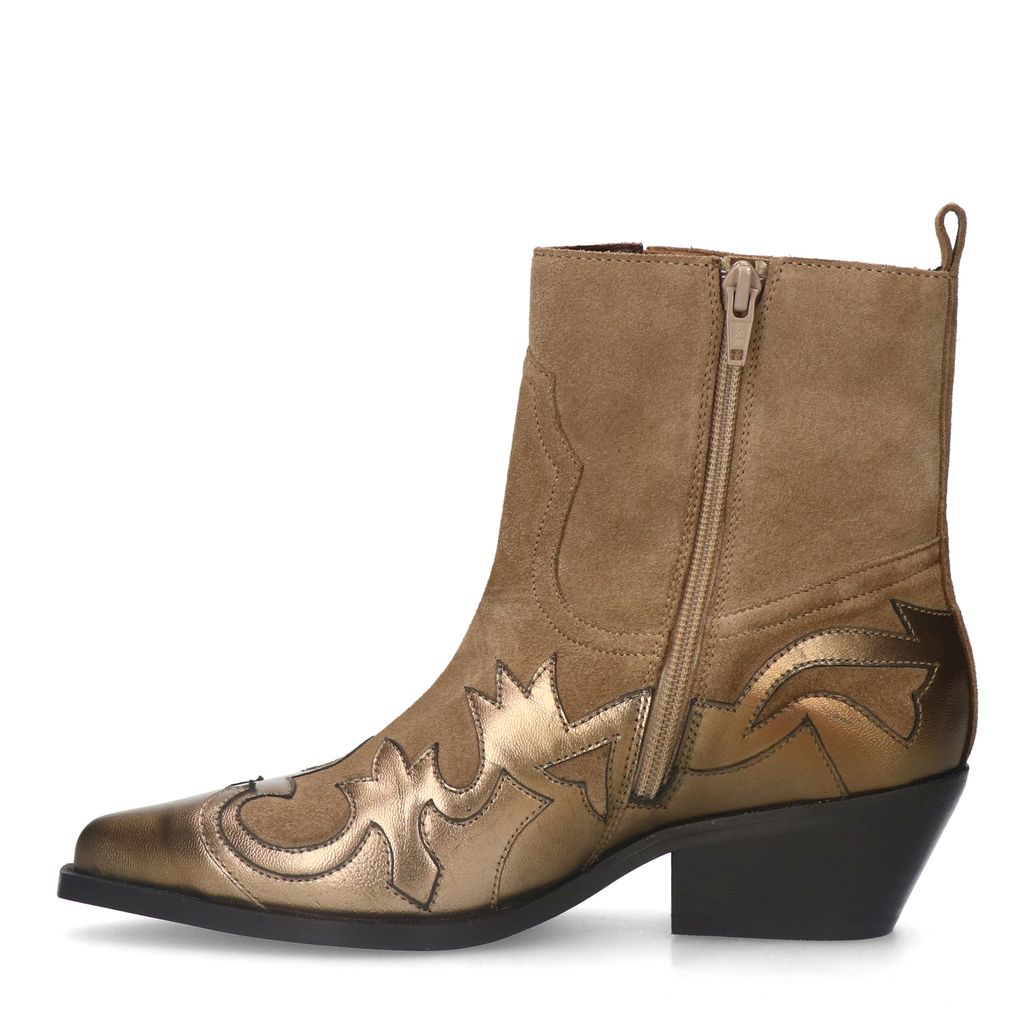 Beigefarbene Veloursleder-Cowboystiefeletten mit bronzefarbenen Details