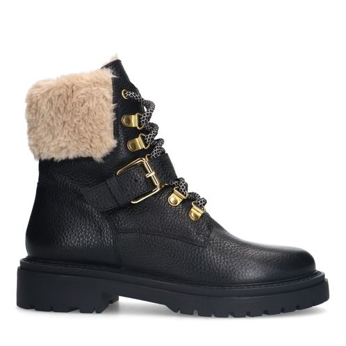 Schwarze Leder-Schnürstiefeletten mit Kunstfellfutter