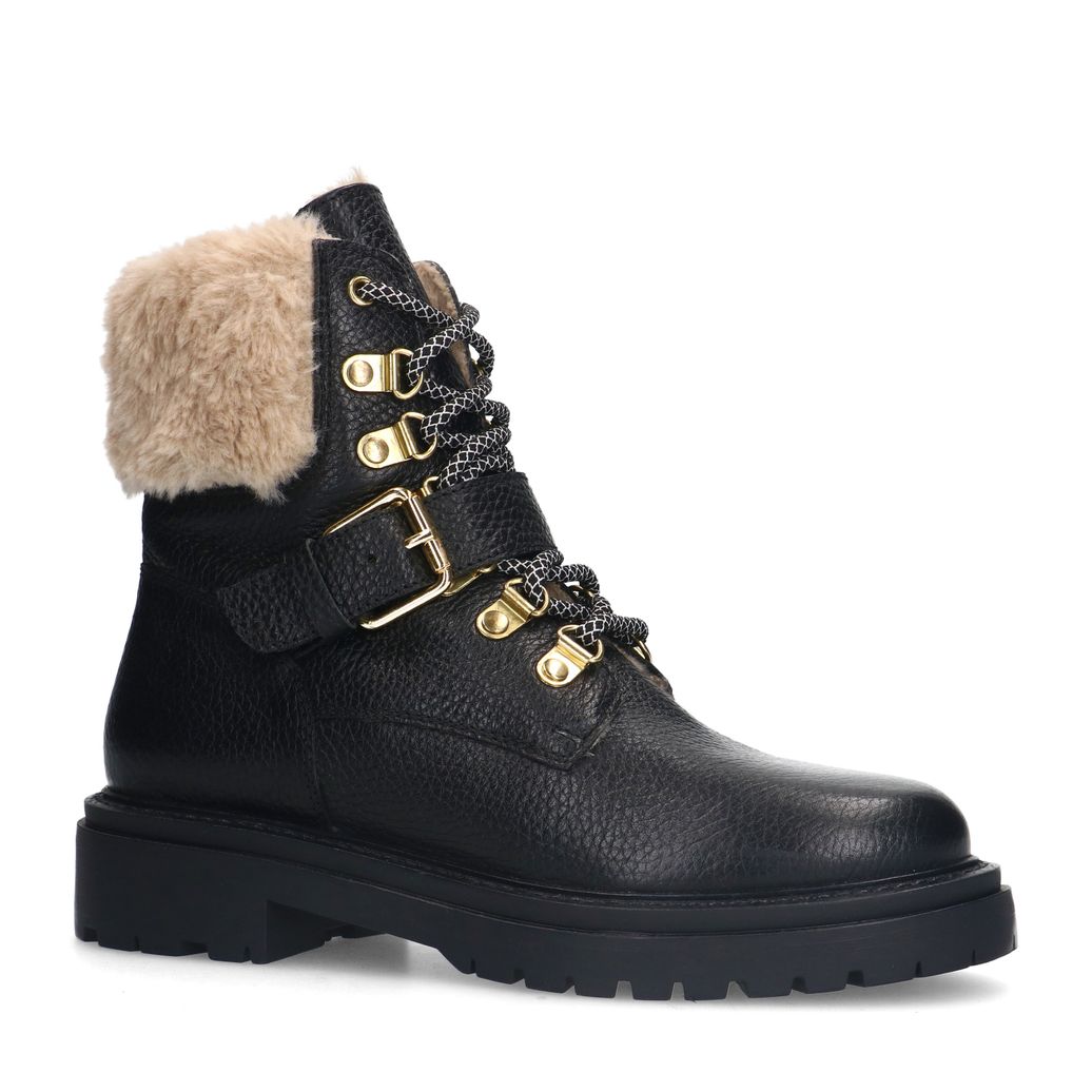 Bottines à lacets en cuir avec imitation laine - noir