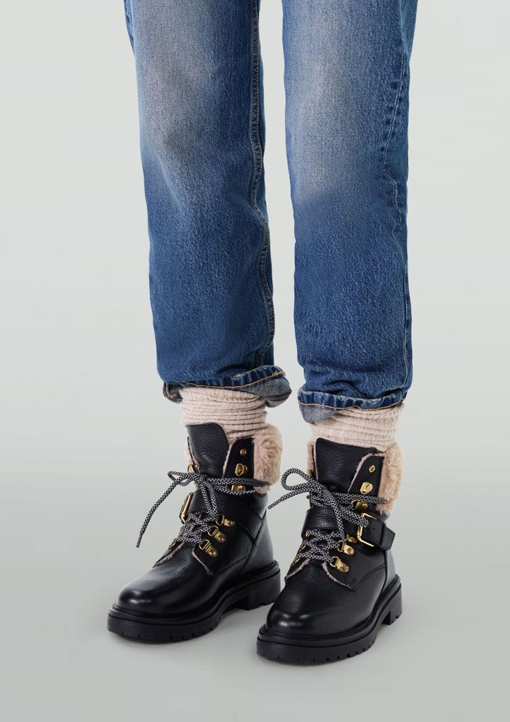 Bottines à lacets en cuir avec imitation laine - noir