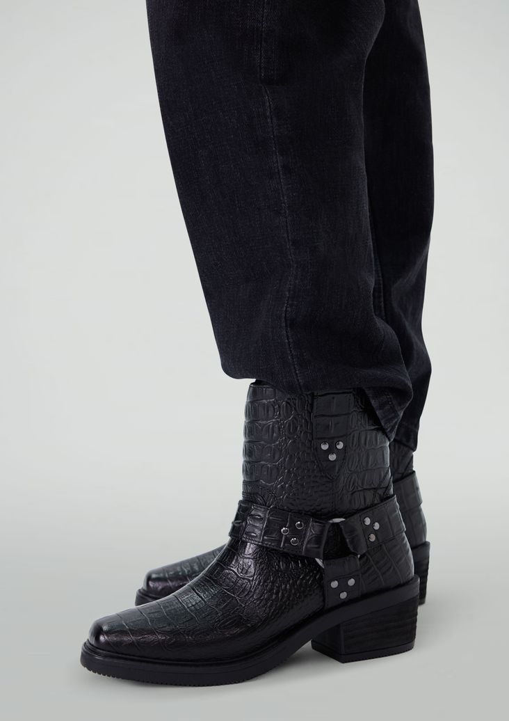 Bottes motardes en cuir croco - noir