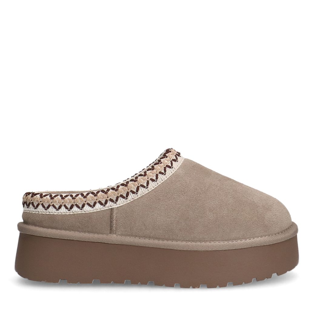 Beigefarbene Veloursleder-Slipper mit Wolle