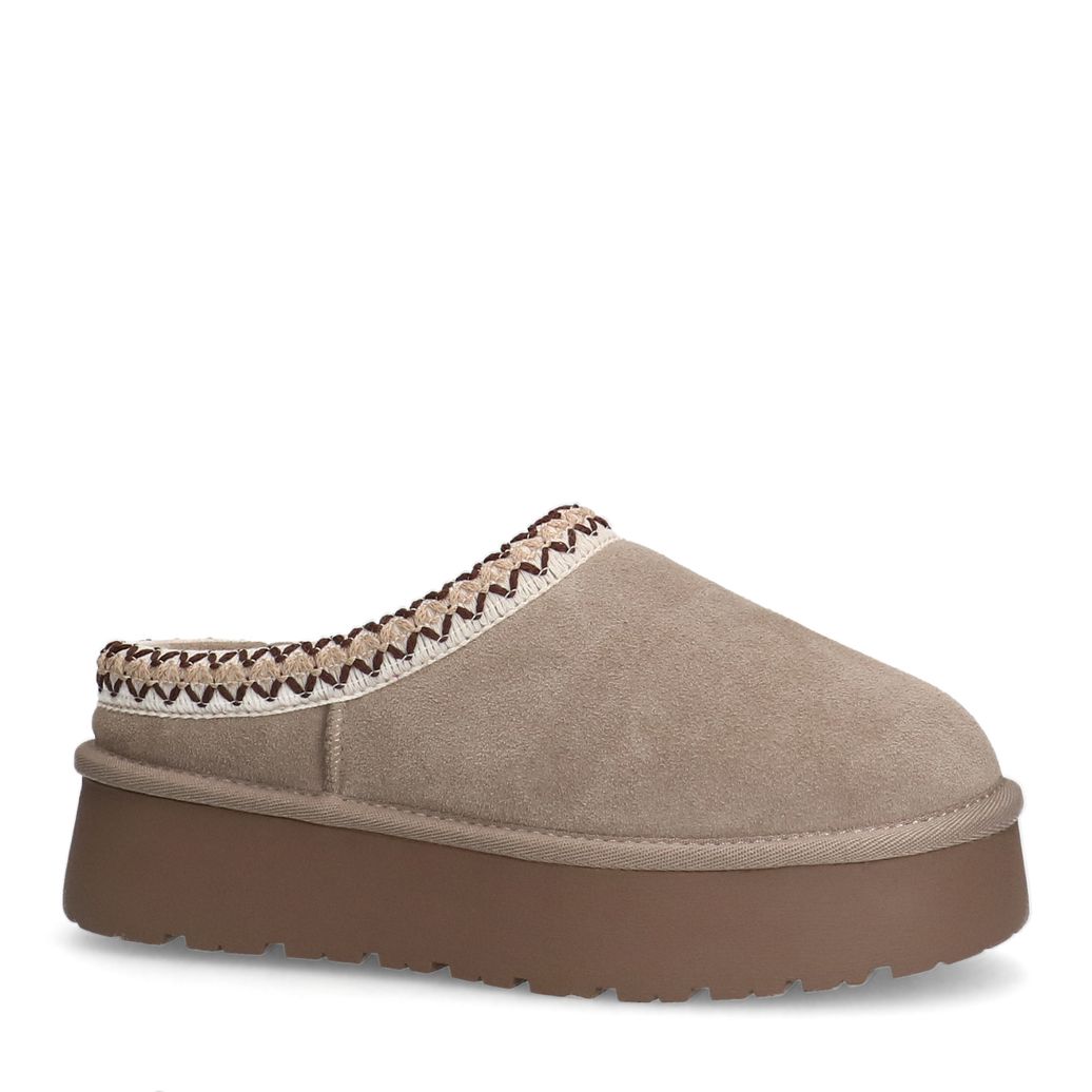 Beigefarbene Veloursleder-Slipper mit Wolle