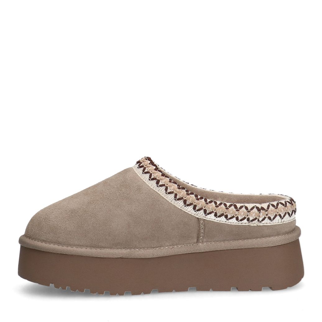 Beigefarbene Veloursleder-Slipper mit Wolle