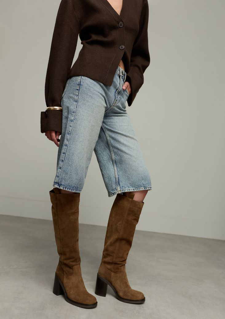 Bottes hautes en daim avec talon cubain - taupe