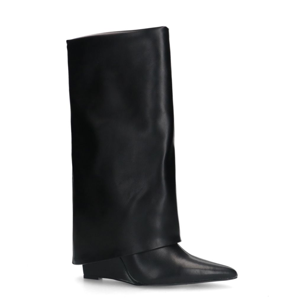 Bottes hautes à talon compensée en cuir à rabat - noir