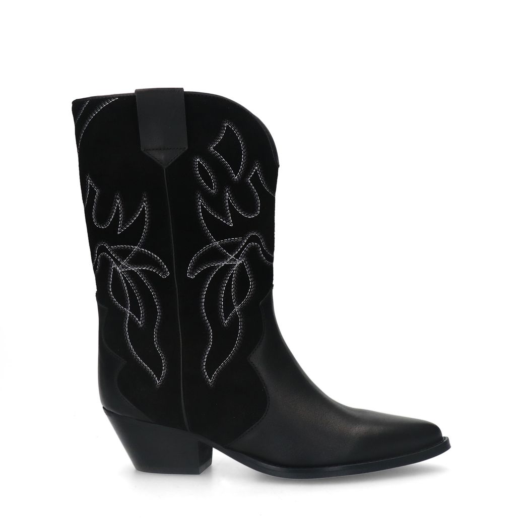 Schwarze Leder-Cowboystiefeletten mit Veloursleder-Details