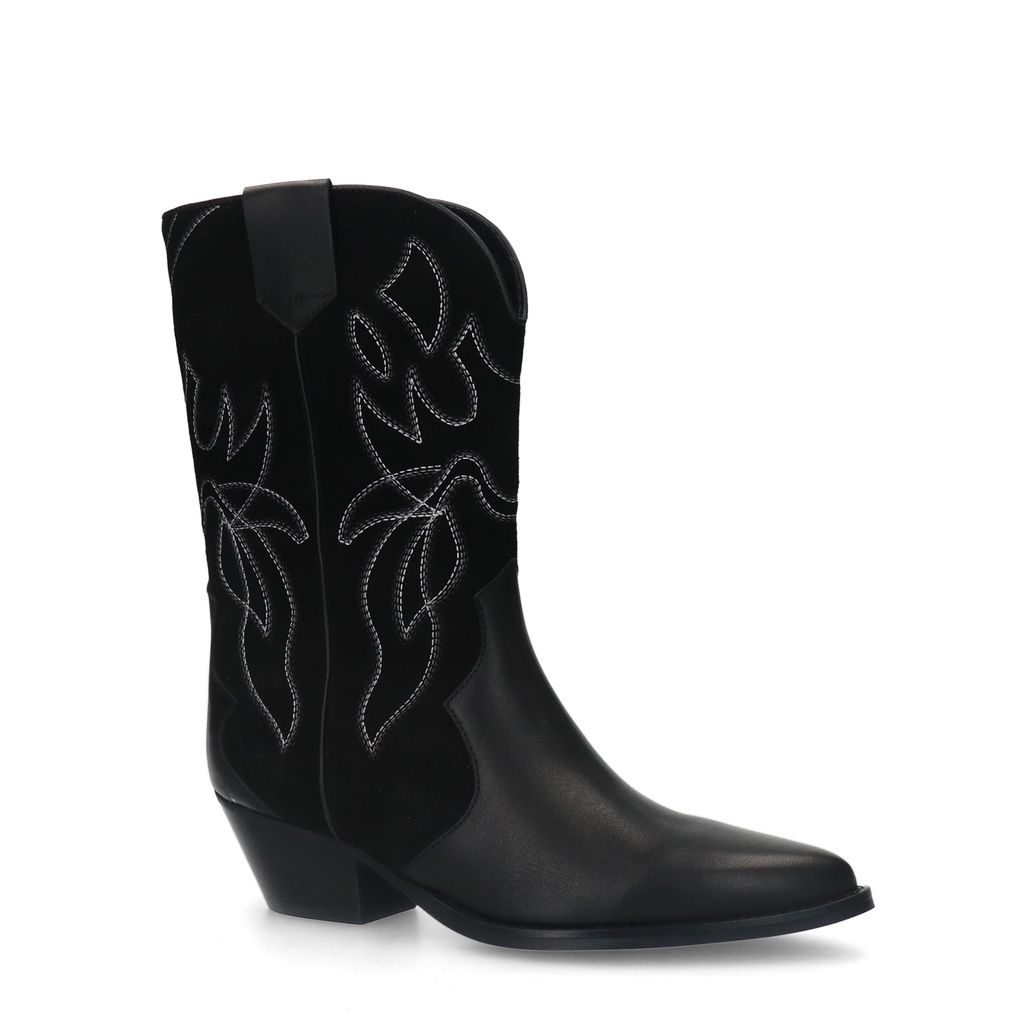 Schwarze Leder-Cowboystiefeletten mit Veloursleder-Details