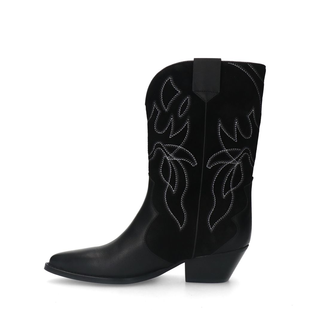 Schwarze Leder-Cowboystiefeletten mit Veloursleder-Details