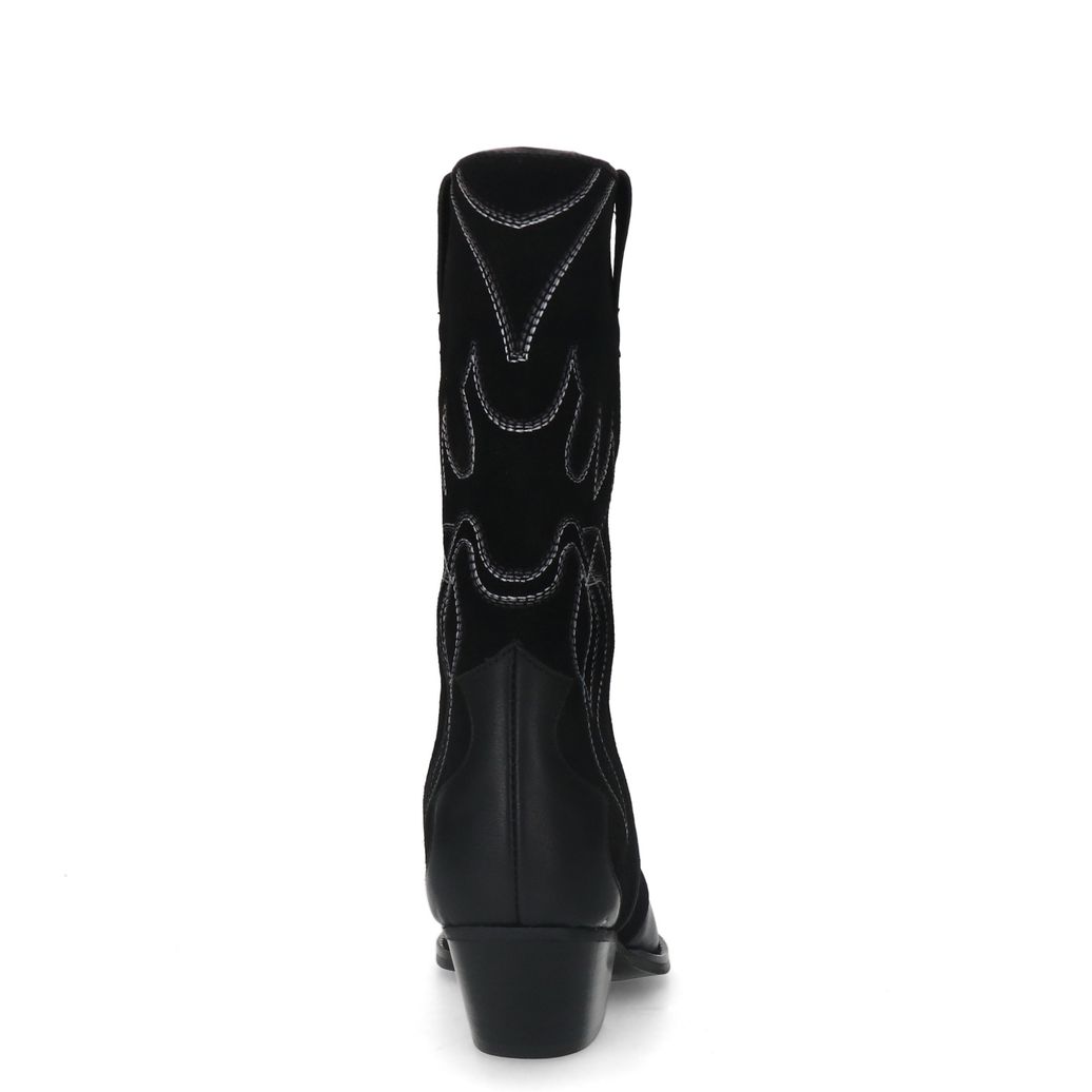 Schwarze Leder-Cowboystiefeletten mit Veloursleder-Details