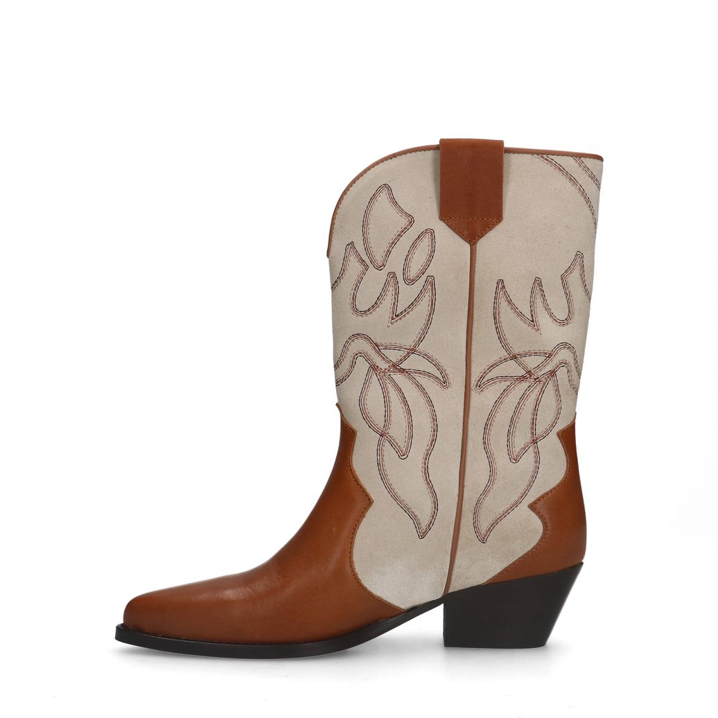 Santiags en cuir avec détails en daim - cognac