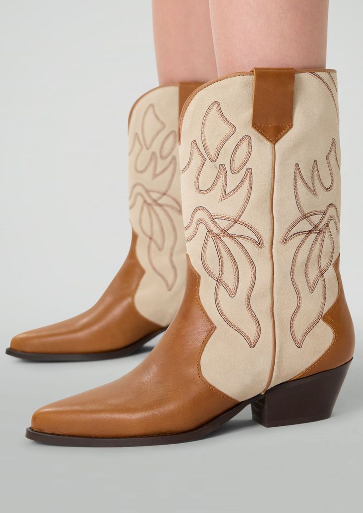 Santiags en cuir avec détails en daim - cognac