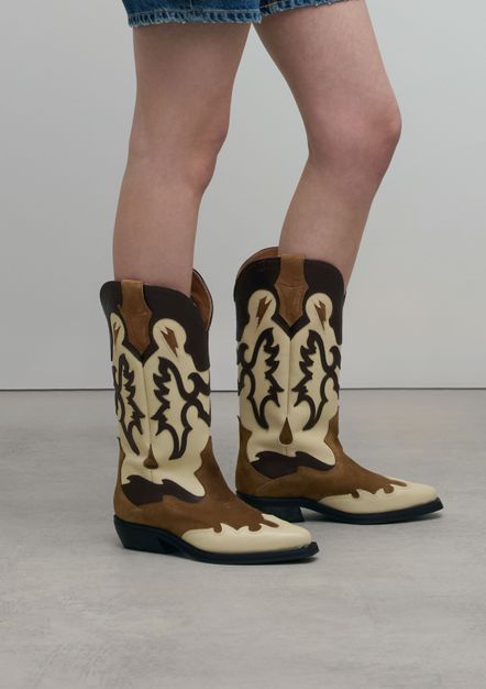 Santiags en cuir avec surpiqûres décoratives - cognac