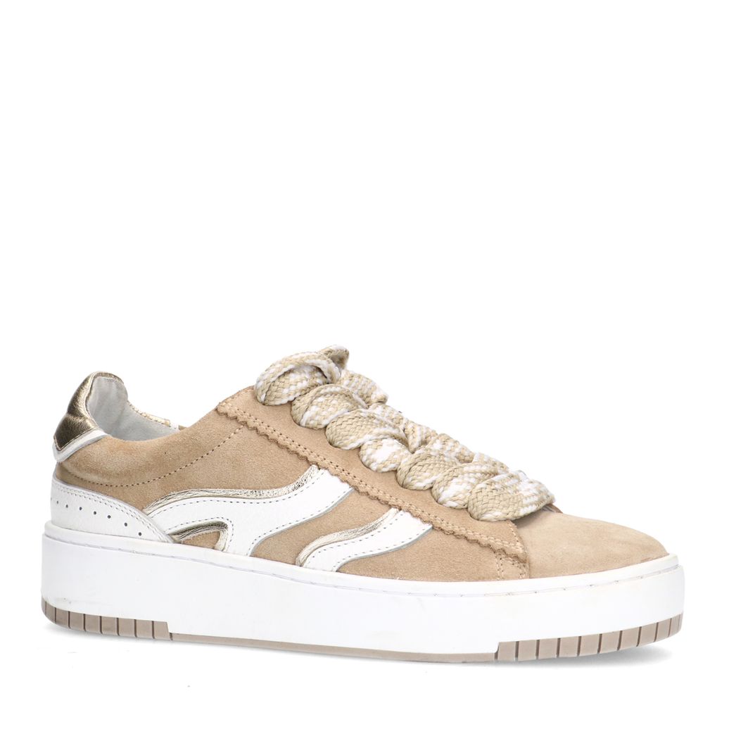 Beige suède sneakers met witte details